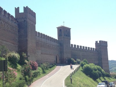 Castello di Gradara — Eastern outer walls and towers beside the castle approach