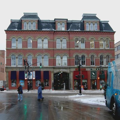 Saint John City Market — The red brick market facade on a snowy winter street