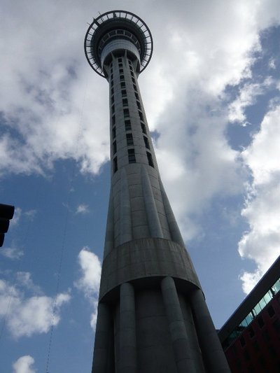 Sky Tower — Sky Tower seen from below against a cloudy sky