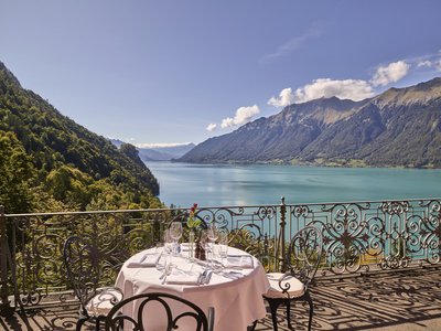 Grandhotel Giessbach — Hotel terrace overlooking Lake Brienz and the surrounding mountains